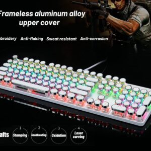 YSCP Typewriter Style Mechanical Gaming Keyboard LED Backlit Wired with Blue Switch Retro Round Keycap 104 Keys Keyboard (White 104 Keys LED)