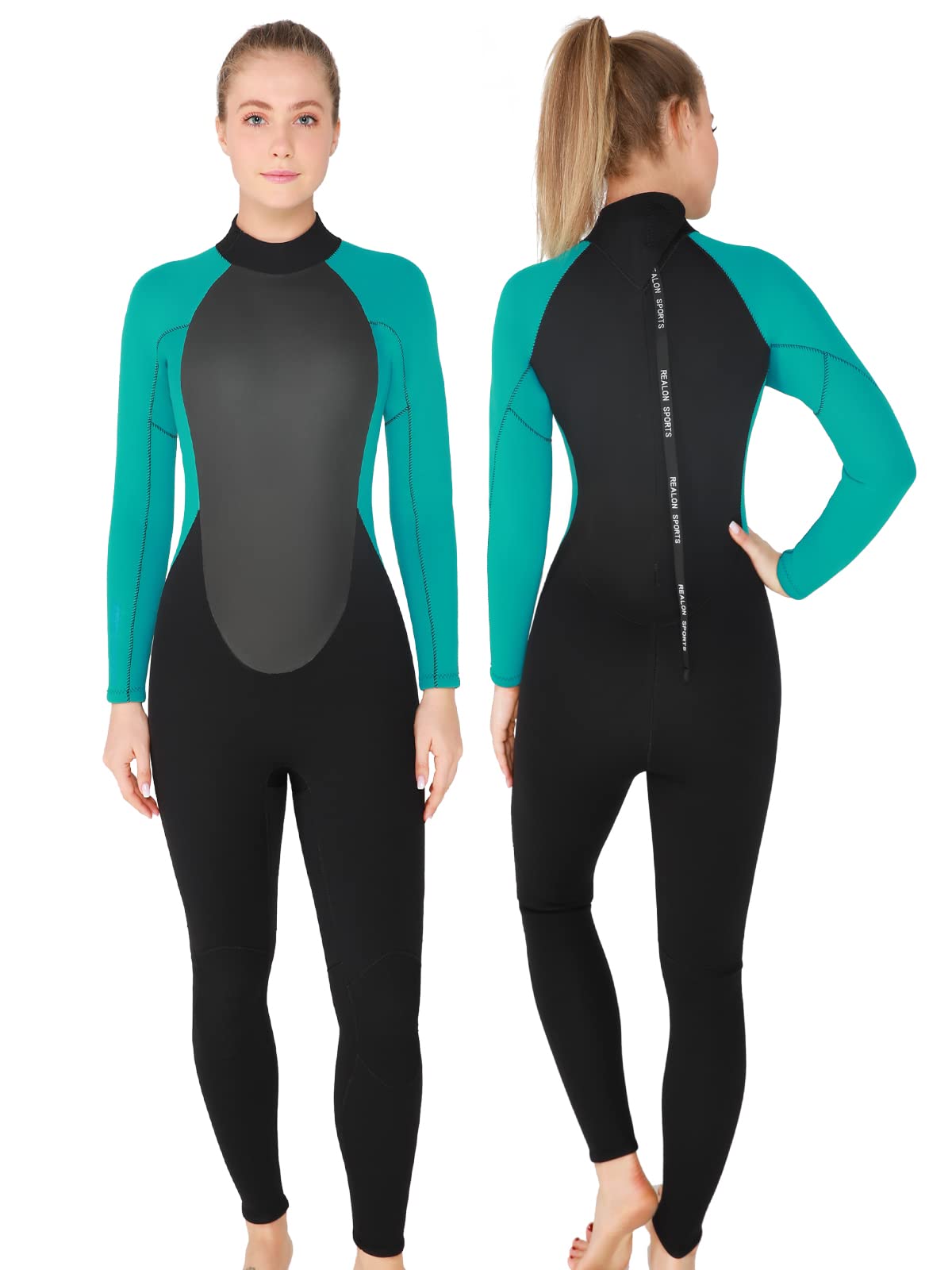 REALON Wetsuit Womens 4/3mm Mens Neoprene Full Body Thermal Scuba Diving Suits, 4mm One Piece Wet Suit Cold Water Swimsuits for Surfing Snorkeling(3/4mm Blue, Large)