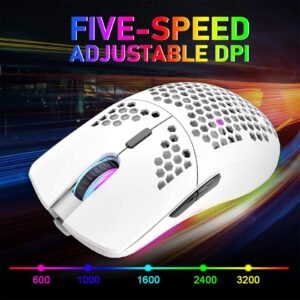 LexonElec Wireless Gaming Mouse,Ultra-Lightweight Honeycomb Shell Mice with 2.4G Wireless Rechargeable,Multi RGB Backlit,7 Buttons,3200DPI,Ergonomic Optical Sensor for PC,Xbox,PS4 Gamers(White)