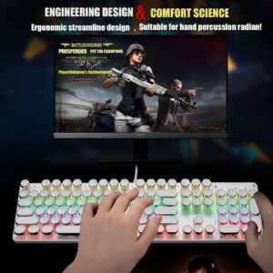 YSCP Typewriter Style Mechanical Gaming Keyboard LED Backlit Wired with Blue Switch Retro Round Keycap 104 Keys Keyboard (White 104 Keys LED)