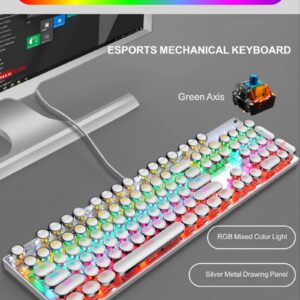 YSCP Typewriter Style Mechanical Gaming Keyboard LED Backlit Wired with Blue Switch Retro Round Keycap 104 Keys Keyboard (White 104 Keys LED)