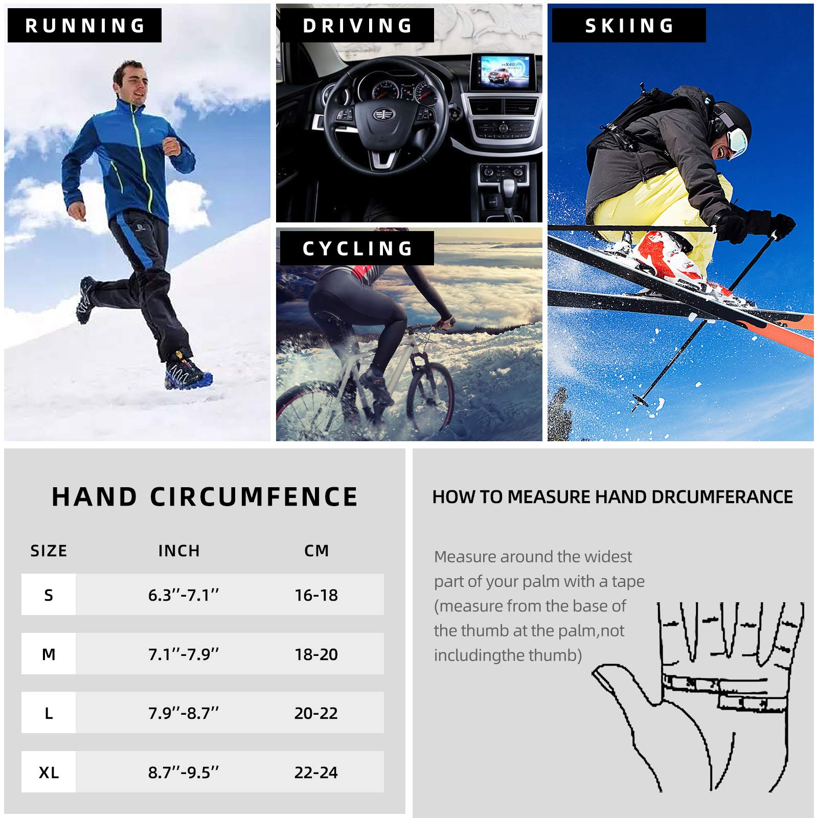 Winter Gloves for Men，Waterproof Thermal Gloves Cold Weather Running Gloves for Men Women, Touchscreen Men’s Winter Gloves for Running Cycling Hiking Driving (Black, Large)