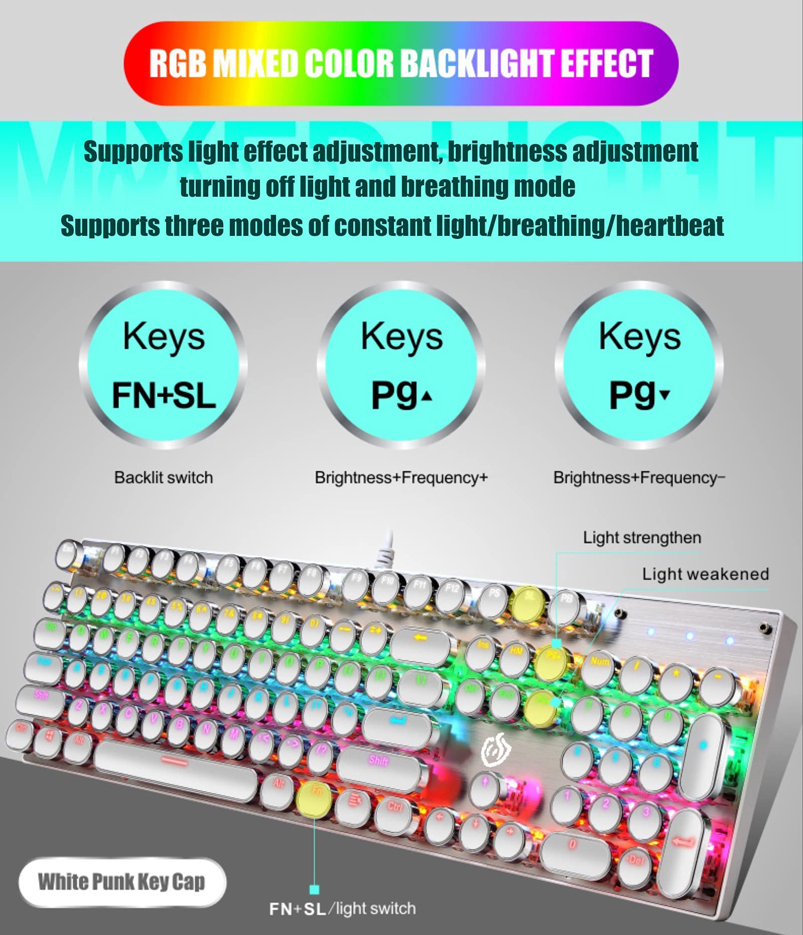 YSCP Typewriter Style Mechanical Gaming Keyboard LED Backlit Wired with Blue Switch Retro Round Keycap 104 Keys Keyboard (White 104 Keys LED)