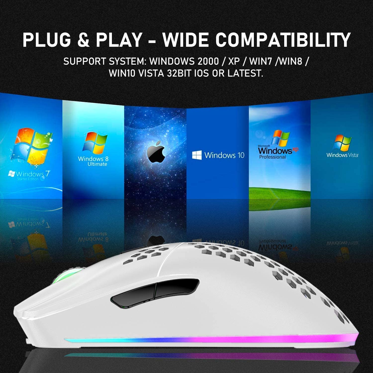 LexonElec Wireless Gaming Mouse,Ultra-Lightweight Honeycomb Shell Mice with 2.4G Wireless Rechargeable,Multi RGB Backlit,7 Buttons,3200DPI,Ergonomic Optical Sensor for PC,Xbox,PS4 Gamers(White)