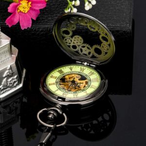 BOSHIYA Mechanical Pocket Watch Luminous Steampunk Vintage Pocket Watch/with Chains/Hand Wind Up/Black Skeleton/Dial Roman Numberals