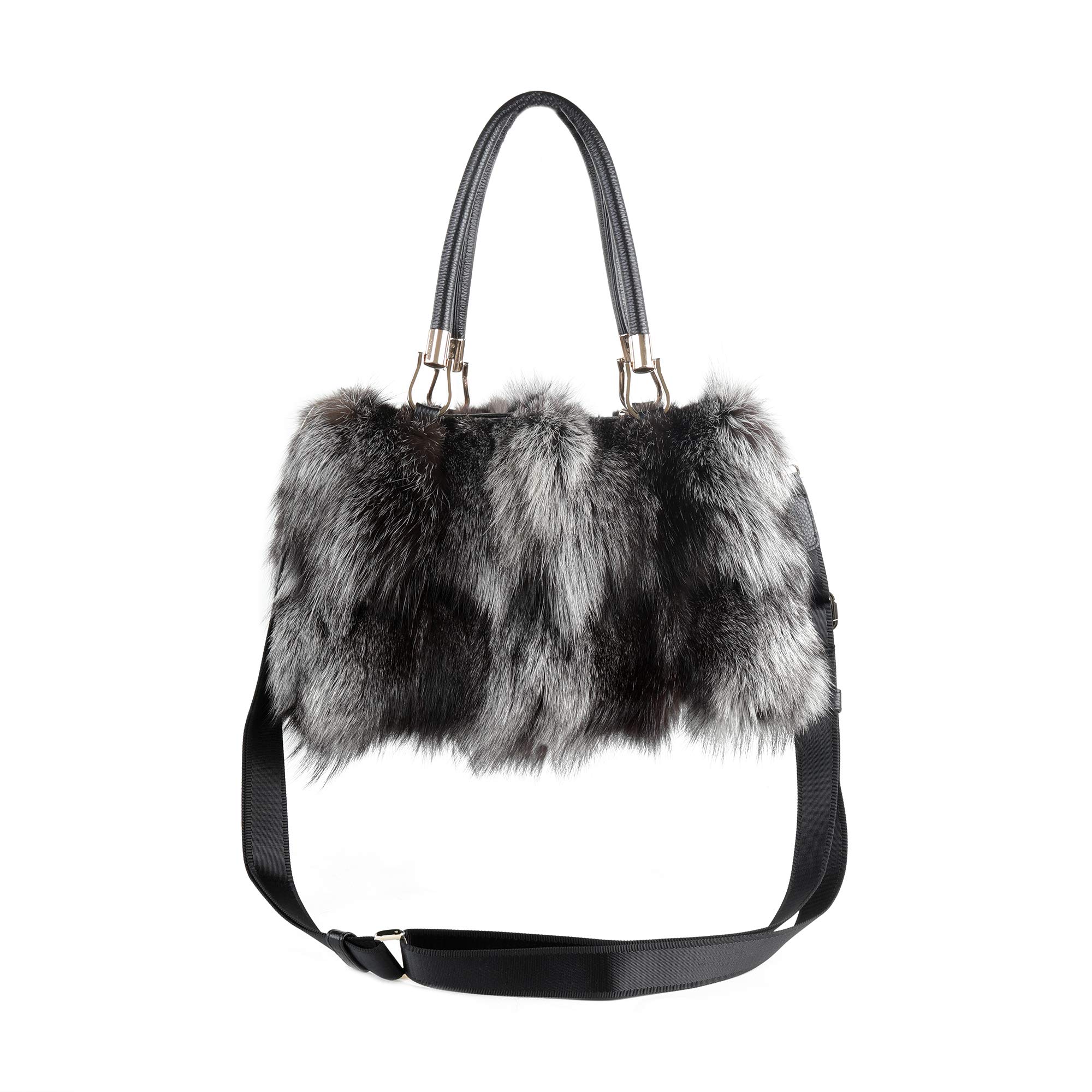 Fur Story Women's Fox Fur Chain Bag Fuzzy Shoulder Handbag for Women Big Fluffy Tote Cute Purses Black Bag