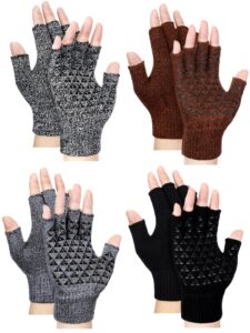 4 pairs unisex winter half finger knit gloves stretchy non-slip winter warm knitted fingerless gloves (black, dark gray, gray, brown)