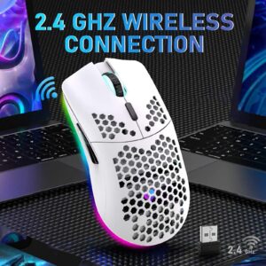 LexonElec Wireless Gaming Mouse,Ultra-Lightweight Honeycomb Shell Mice with 2.4G Wireless Rechargeable,Multi RGB Backlit,7 Buttons,3200DPI,Ergonomic Optical Sensor for PC,Xbox,PS4 Gamers(White)