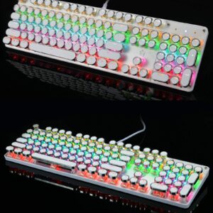 YSCP Typewriter Style Mechanical Gaming Keyboard LED Backlit Wired with Blue Switch Retro Round Keycap 104 Keys Keyboard (White 104 Keys LED)