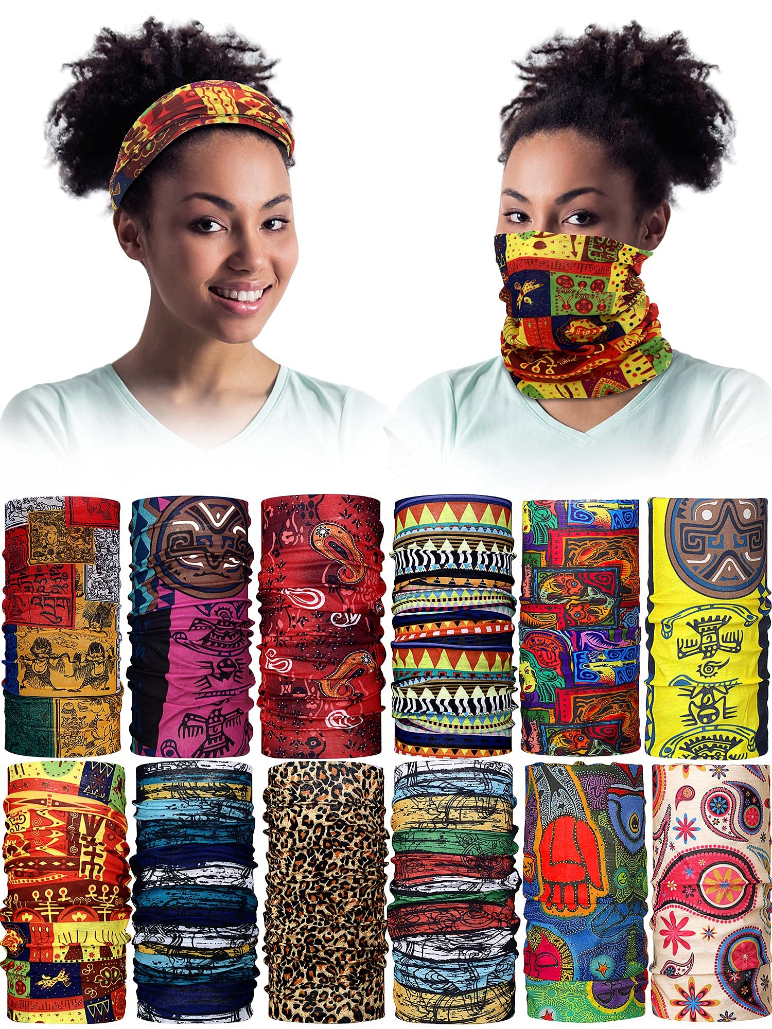 Syhood 12 Pcs African Neck Gaiter Bandanas for Women Head Wrap Boho Balaclava Coverings Print Face Scarf Multi Color Medium