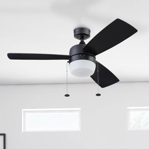 Honeywell Ceiling Fans Barcadero, 44 Inch Contemporary Indoor LED Ceiling Fan with Light, Pull Chain, Dual Mounting Options, Dual Finish Blades, Reversible Motor - 51476-01 (Matte Black)