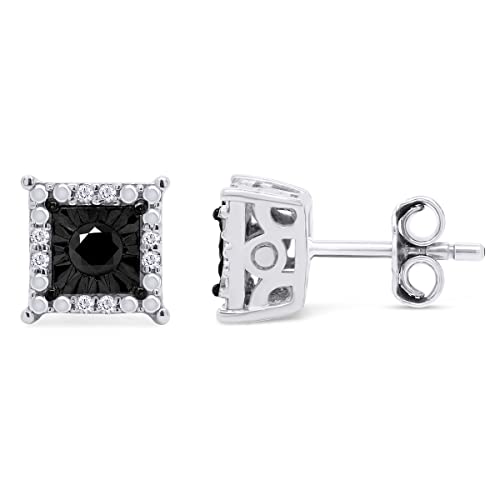 1/4 ctw Black Natural Diamond Square Frame Halo Cluster Miracle-Set Stud Earrings Womens 14k White Gold Over Sterling Silver (Black Color, I2-I3 Clarity, 0.25 Cttw)