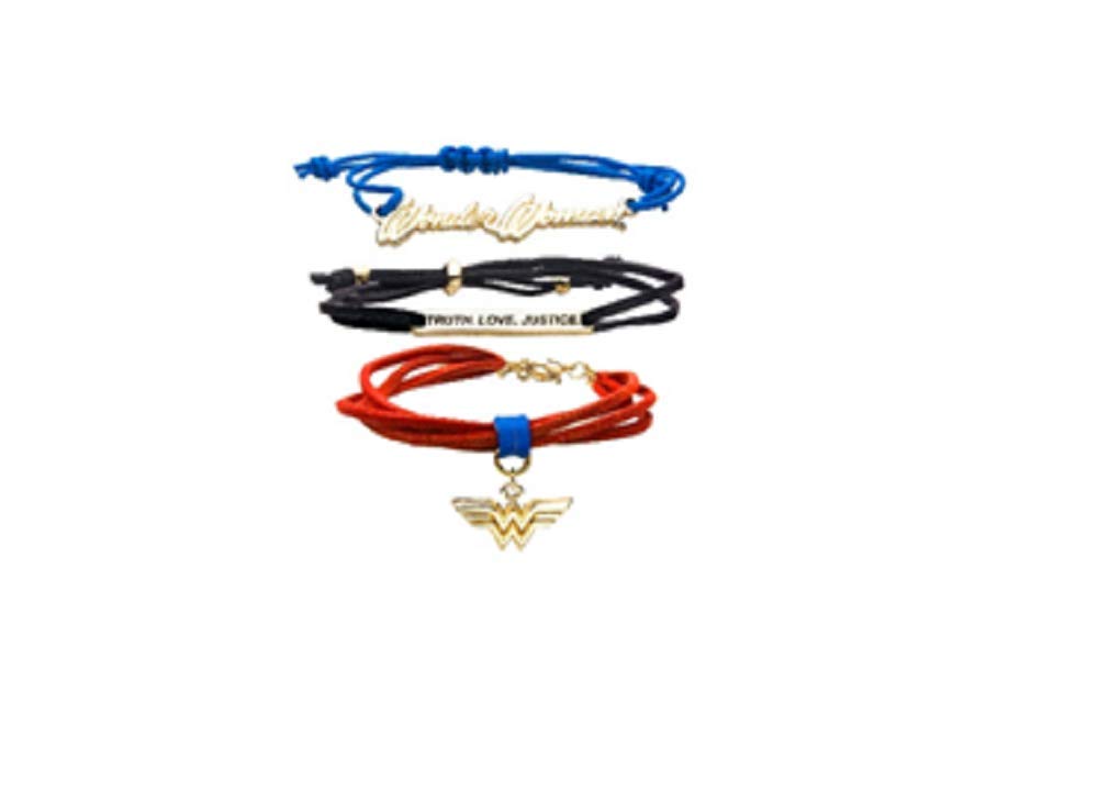 DC COMICS, WONDER WOMAN LOGO CORD BRACELET - Truth, Love, Justice & Wonder Woman Logo Premium CORD BRACELET - Set Of 3