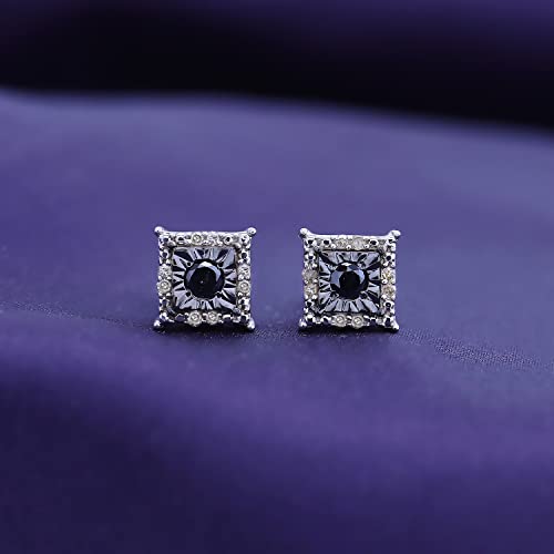 1/4 ctw Black Natural Diamond Square Frame Halo Cluster Miracle-Set Stud Earrings Womens 14k White Gold Over Sterling Silver (Black Color, I2-I3 Clarity, 0.25 Cttw)