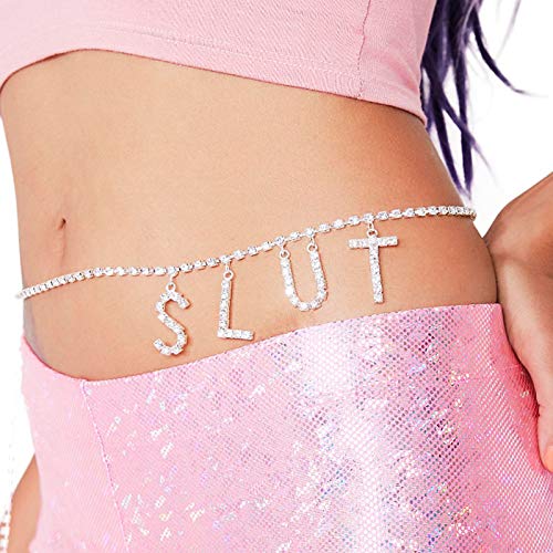 Rhinestone Letter Belly Chain Body Jewelry Metal Waist Chain Belt Lower Back Chain Crystal Body Chain for Women (Color 2)