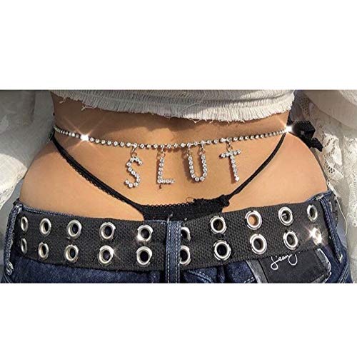 Rhinestone Letter Belly Chain Body Jewelry Metal Waist Chain Belt Lower Back Chain Crystal Body Chain for Women (Color 2)