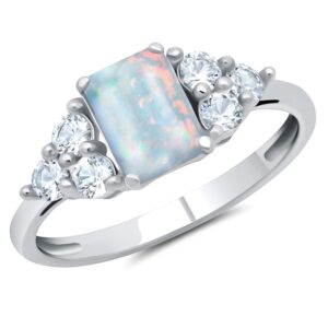 MAX + STONE 10k White Gold Ring for Women with Emerald Cut Created Opal Gemstone and Created White Sapphire Accents and October Birthstone Anniversary Ring Size 6