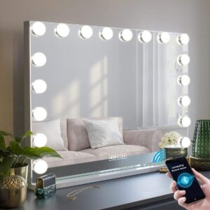 MISAVANITY Hollywood Vanity Mirror with Lights and Speaker, Hollywood Lighted Makeup Mirror with 18pcs Dimmable Bulbs, USB Charging and 3 Color Lighting Modes for Dressing Room Bedroom