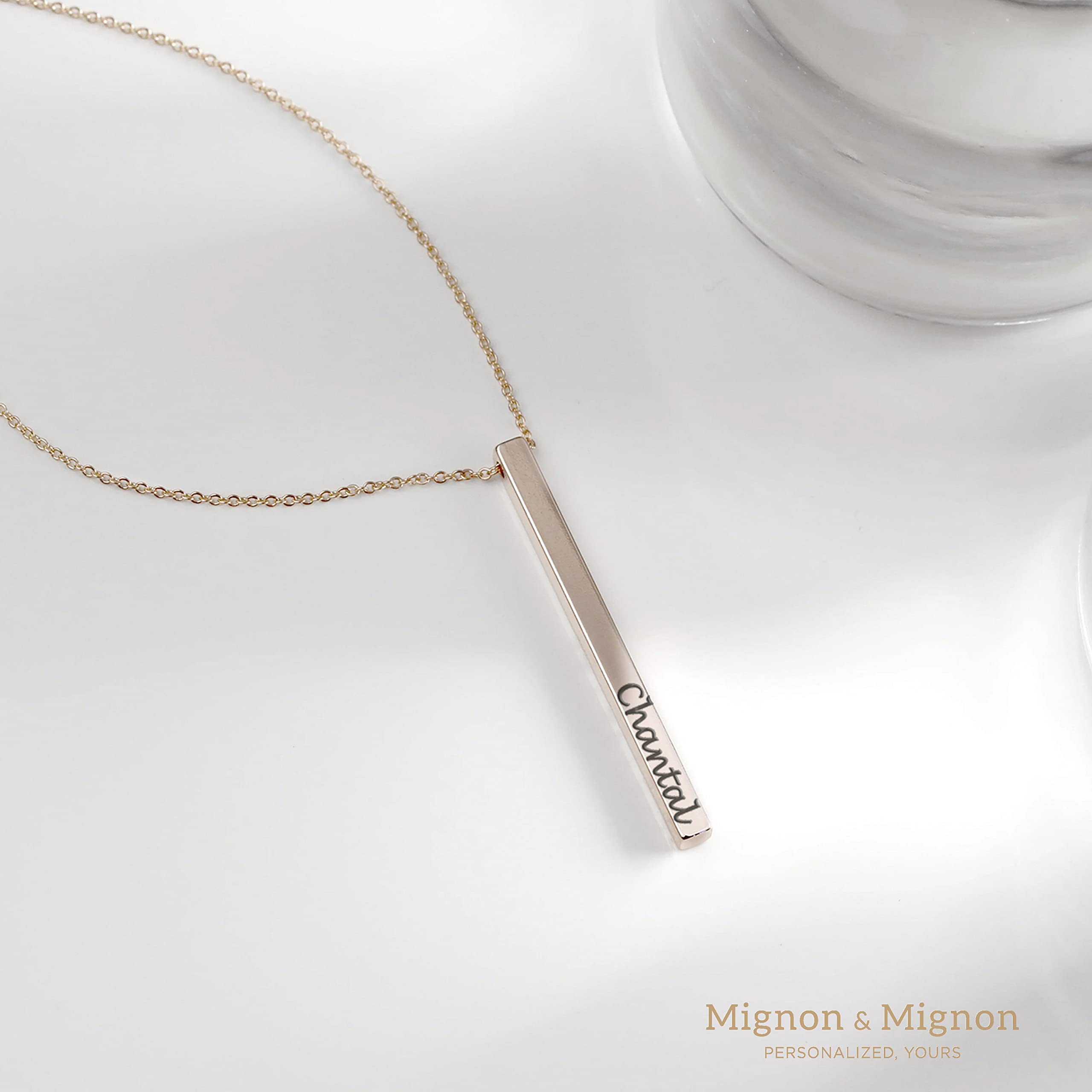 MignonandMignon Personalized Vertical Bar Necklace Coordinate Jewelry Mothers Day Gifts for Her Roman Numeral Graduation Gift Engraved 3D Necklaces for Women Initial Necklace - 4SBN