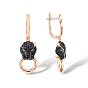 Santuzza Panther Earrings 925 Sterling Silver Leopard Earring Black Spinel 14K Rose Gold Plating Jaguar Jewelry