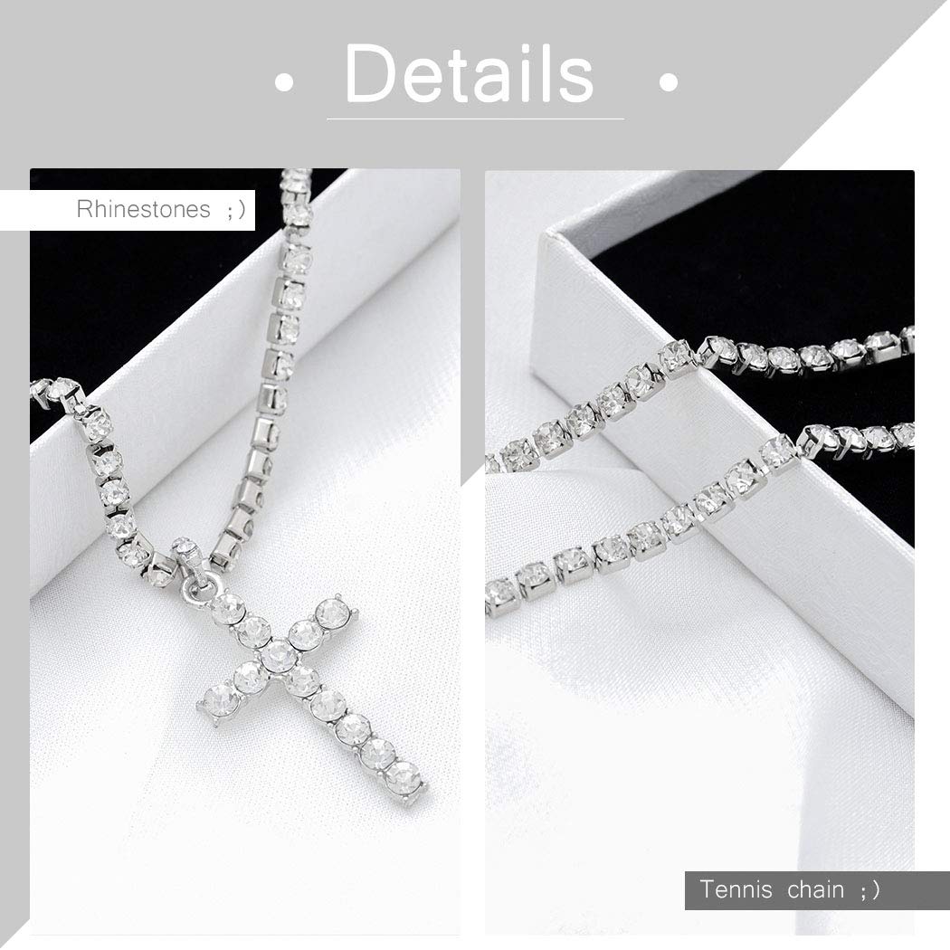 Gangel Silver Vertical Cross Tennis Necklace Glittering Chain Simple Fashion Pendant Exquisite Choker Jewelry with Rhinestone for Women (Pack of 1)