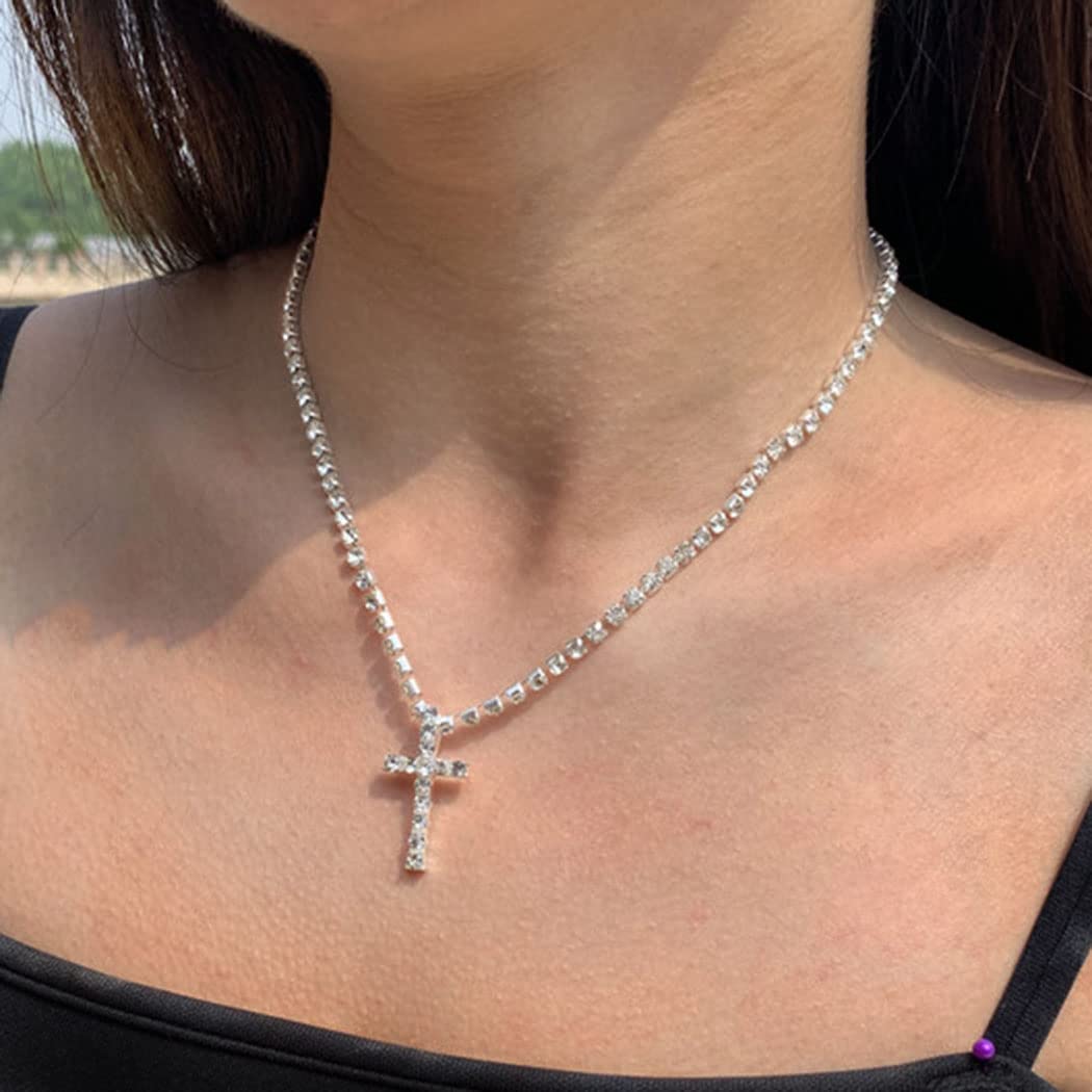 Gangel Silver Vertical Cross Tennis Necklace Glittering Chain Simple Fashion Pendant Exquisite Choker Jewelry with Rhinestone for Women (Pack of 1)