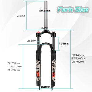 BUCKLOS 26/27.5/29 MTB Suspension Fork Travel 100mm, 28.6mm Straight Tube QR 9mm Crown Lockout Aluminum Alloy XC Mountain Bike Front Forks