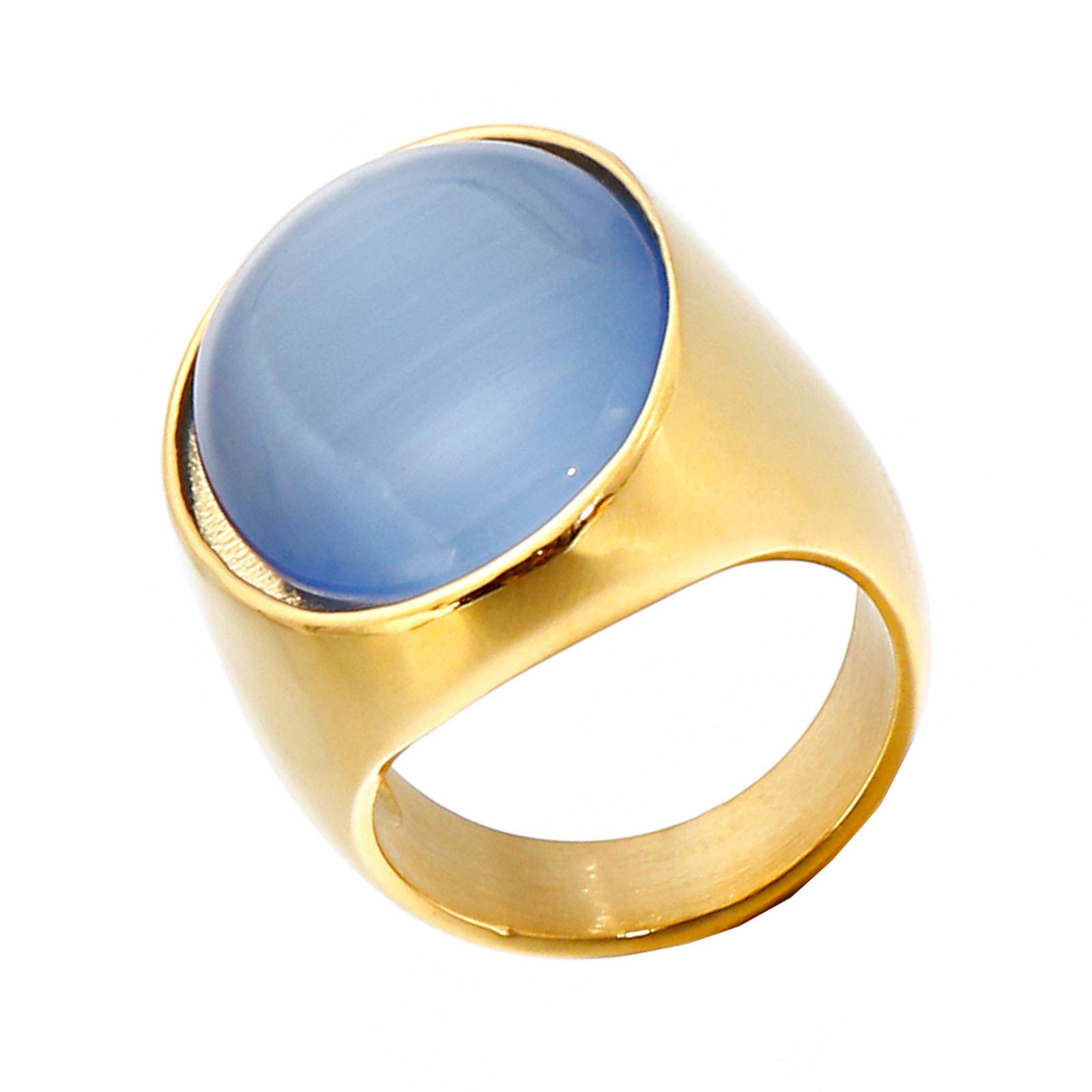 HIJONES Stainless Steel Big Oval Light Blue Cat Eye Stone Ring for Men Women Stainless Steel Wedding Promise Bands Gold Size 8