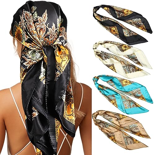 Molans 35 Inches Women Head Scarf Hair Bandanas - 4PCS Square Satin Head Scarves for Women Silk Like Hair Kerchief Banadanas(Blue+Black+Beige+Camel)