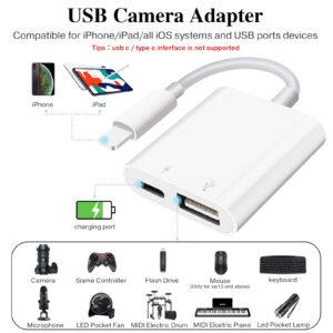 SUNTRSI USB Camera Adapter with Charging Port,Portable USB Female OTG Adapter suitable for iPhone iPad, iPad to USB Adapter Plug and Play Support Card Reader