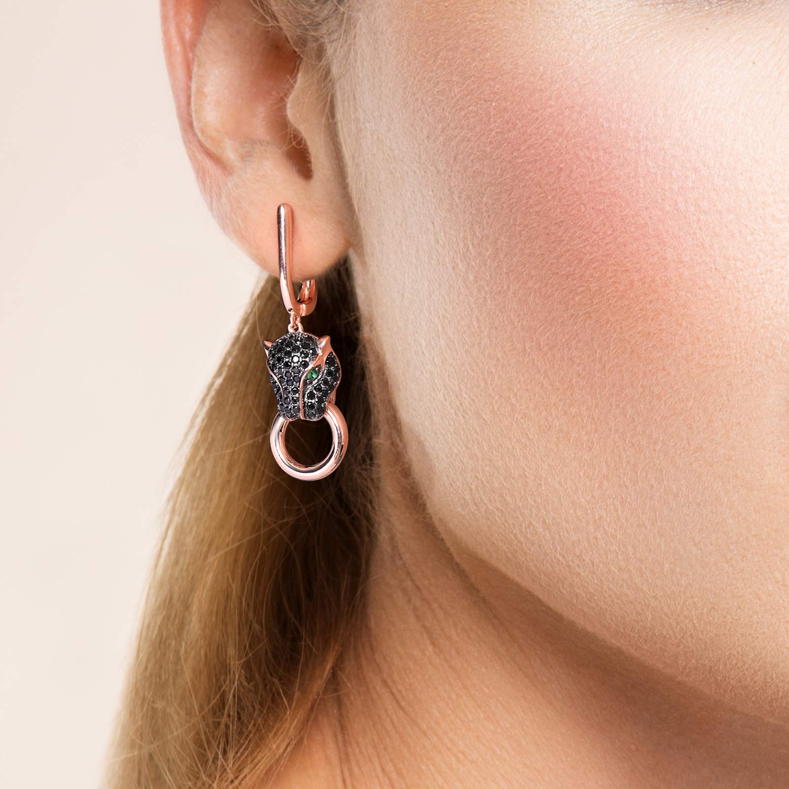 Santuzza Panther Earrings 925 Sterling Silver Leopard Earring Black Spinel 14K Rose Gold Plating Jaguar Jewelry