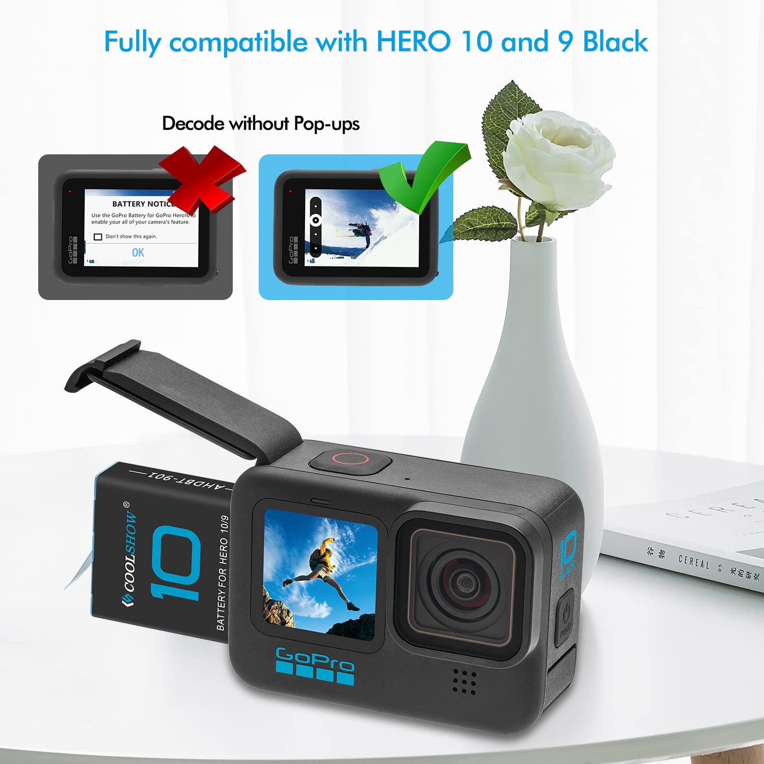 COOLSHOW Hero 9/10/11/12 Battery 2 Packs 1800mAh Replacement and Dual USB Hero 9/10/11/12 Charger Compatible with GoPro Hero 12 Black,HERO11 Black,HERO10 Black,HERO9 Black