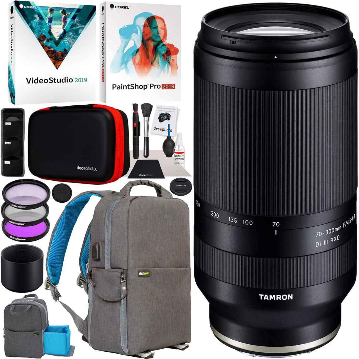 Tamron 70-300mm F/4.5-6.3 Di III RXD Lens A047 Sony E-Mount Full-Frame and APS-C Mirrorless Cameras Telephoto Zoom Bundle with Deco Gear Photography Backpack + Software Kit + Filter Set + Accessories