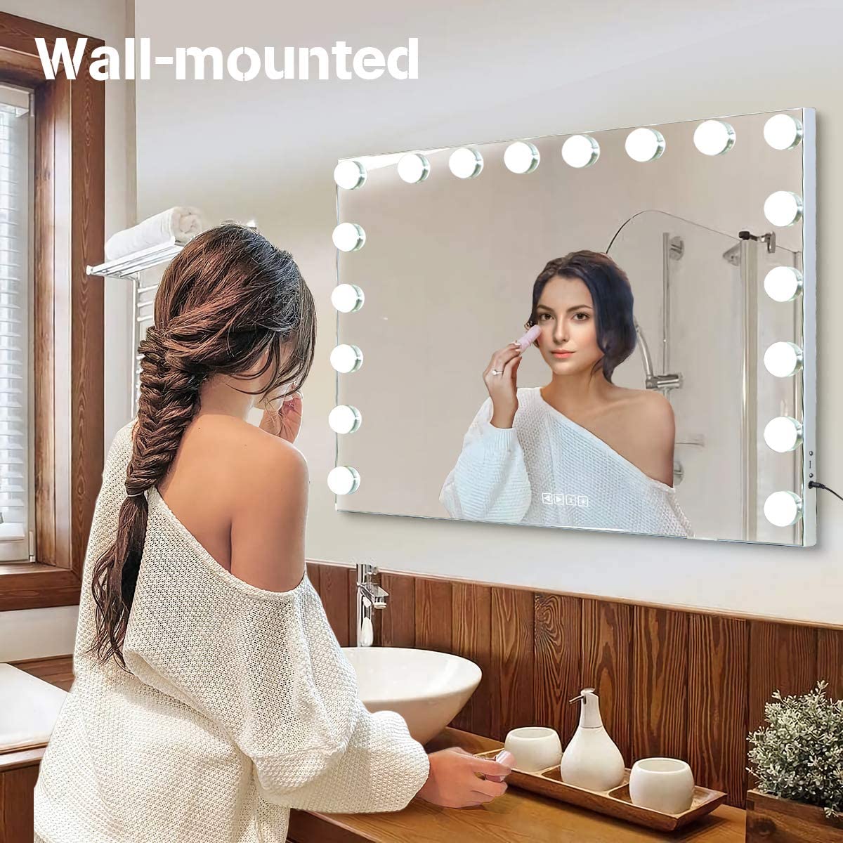 MISAVANITY Hollywood Vanity Mirror with Lights and Speaker, Hollywood Lighted Makeup Mirror with 18pcs Dimmable Bulbs, USB Charging and 3 Color Lighting Modes for Dressing Room Bedroom