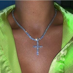 Gangel Silver Vertical Cross Tennis Necklace Glittering Chain Simple Fashion Pendant Exquisite Choker Jewelry with Rhinestone for Women (Pack of 1)