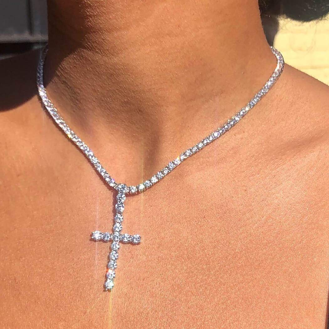 Gangel Silver Vertical Cross Tennis Necklace Glittering Chain Simple Fashion Pendant Exquisite Choker Jewelry with Rhinestone for Women (Pack of 1)