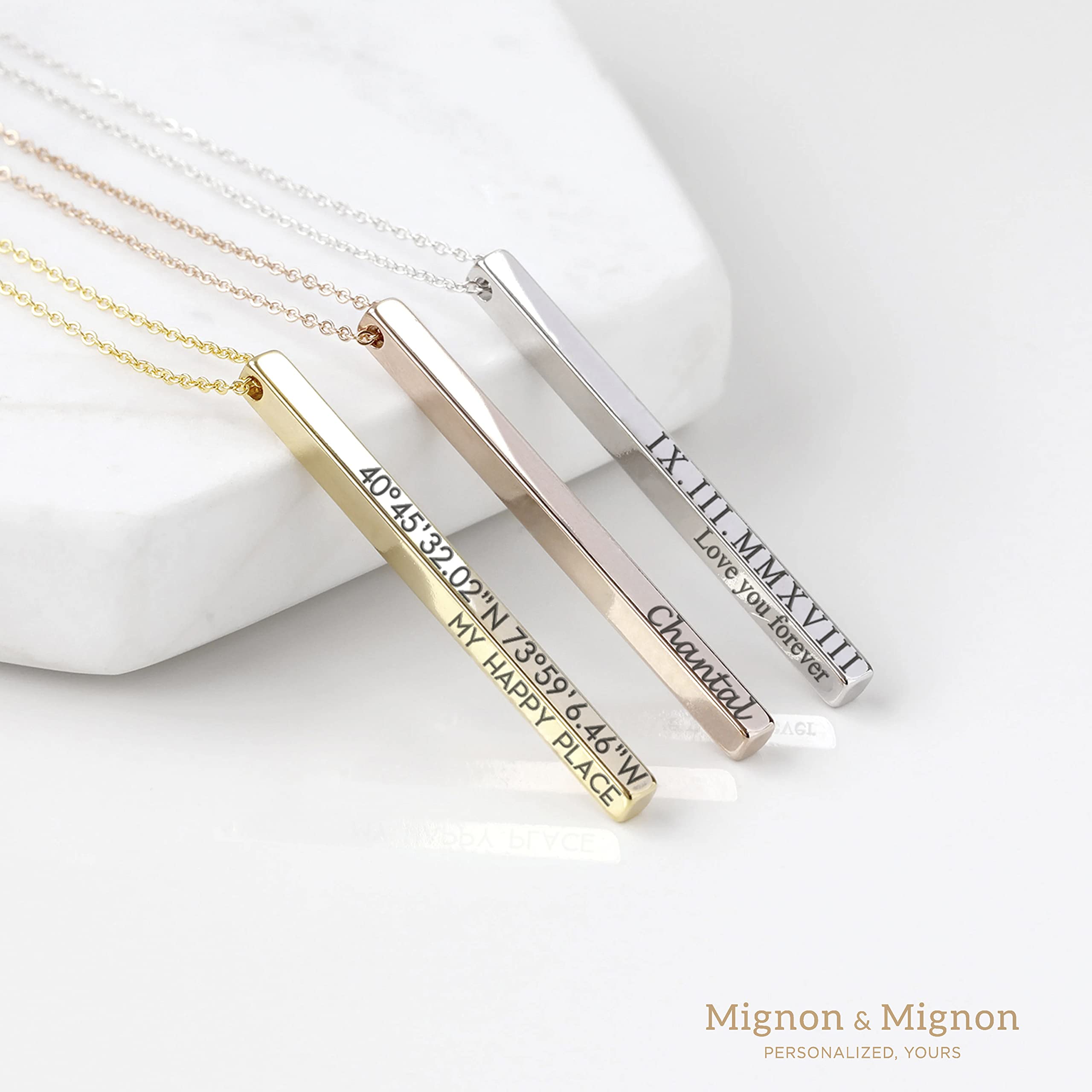 MignonandMignon Personalized Vertical Bar Necklace Coordinate Jewelry Mothers Day Gifts for Her Roman Numeral Graduation Gift Engraved 3D Necklaces for Women Initial Necklace - 4SBN