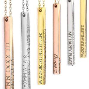 MignonandMignon Personalized Vertical Bar Necklace Coordinate Jewelry Mothers Day Gifts for Her Roman Numeral Graduation Gift Engraved 3D Necklaces for Women Initial Necklace - 4SBN