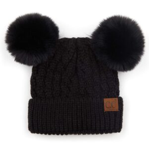 C.C Hatsandscarf Exclusives Cable Knit Double Pom Winter Beanie (HAT-2055) (Black-Color Natural Pom)