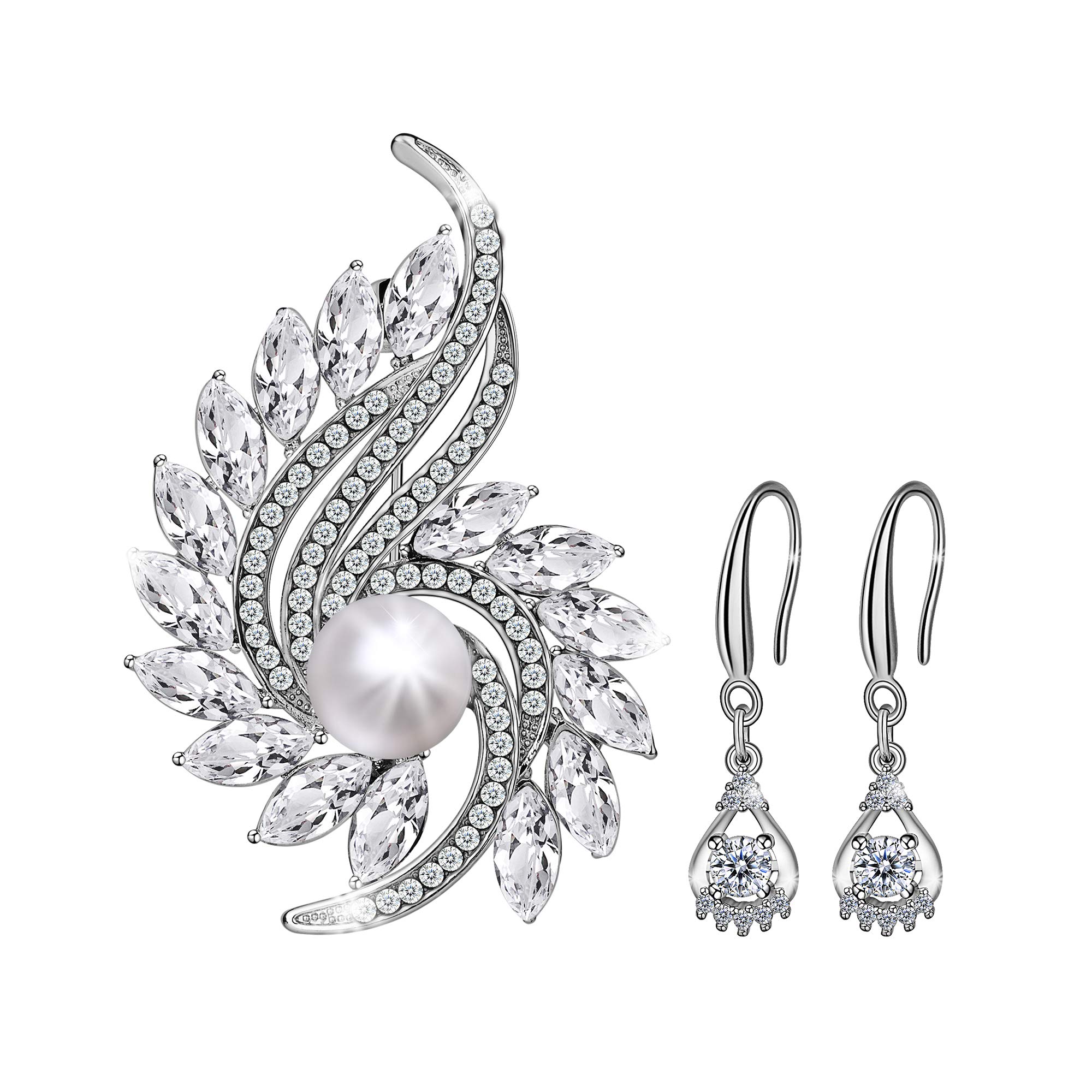 BCCloud Party Holiday Wedding Brooch for Women and 925 Sterling Silver Earrings with Glitter Pearl Rhinestone Jewelry Set for Women