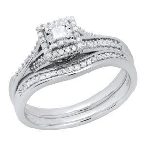 dazzlingrock collection princess & round white diamond bridal engagement ring set 1/4 ct (0.25 ctw), 925 sterling silver, size 5.5