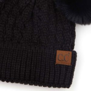 C.C Hatsandscarf Exclusives Cable Knit Double Pom Winter Beanie (HAT-2055) (Black-Color Natural Pom)