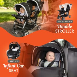 Baby Trend Sit N' Stand Easy Fold Travel Double Toddler and Newborn Stroller & 2 Single Infant Car Seat Combo Set, w/ Safety Harnesses & Cover, Khaki