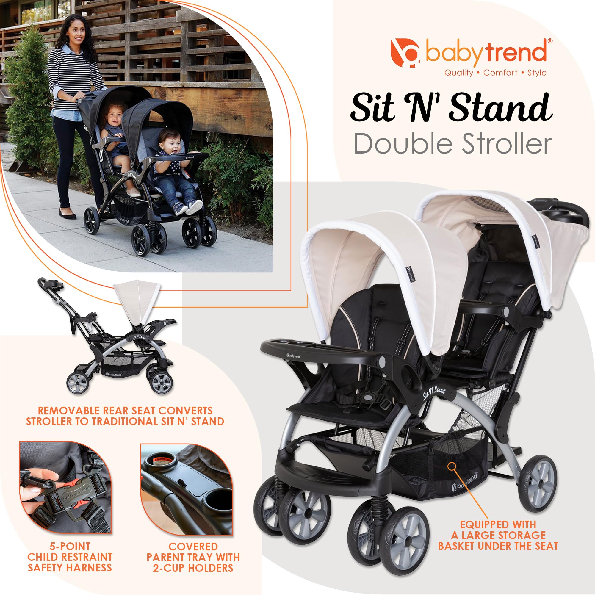 Baby Trend Sit N' Stand Easy Fold Travel Double Toddler and Newborn Stroller & 2 Single Infant Car Seat Combo Set, w/ Safety Harnesses & Cover, Khaki