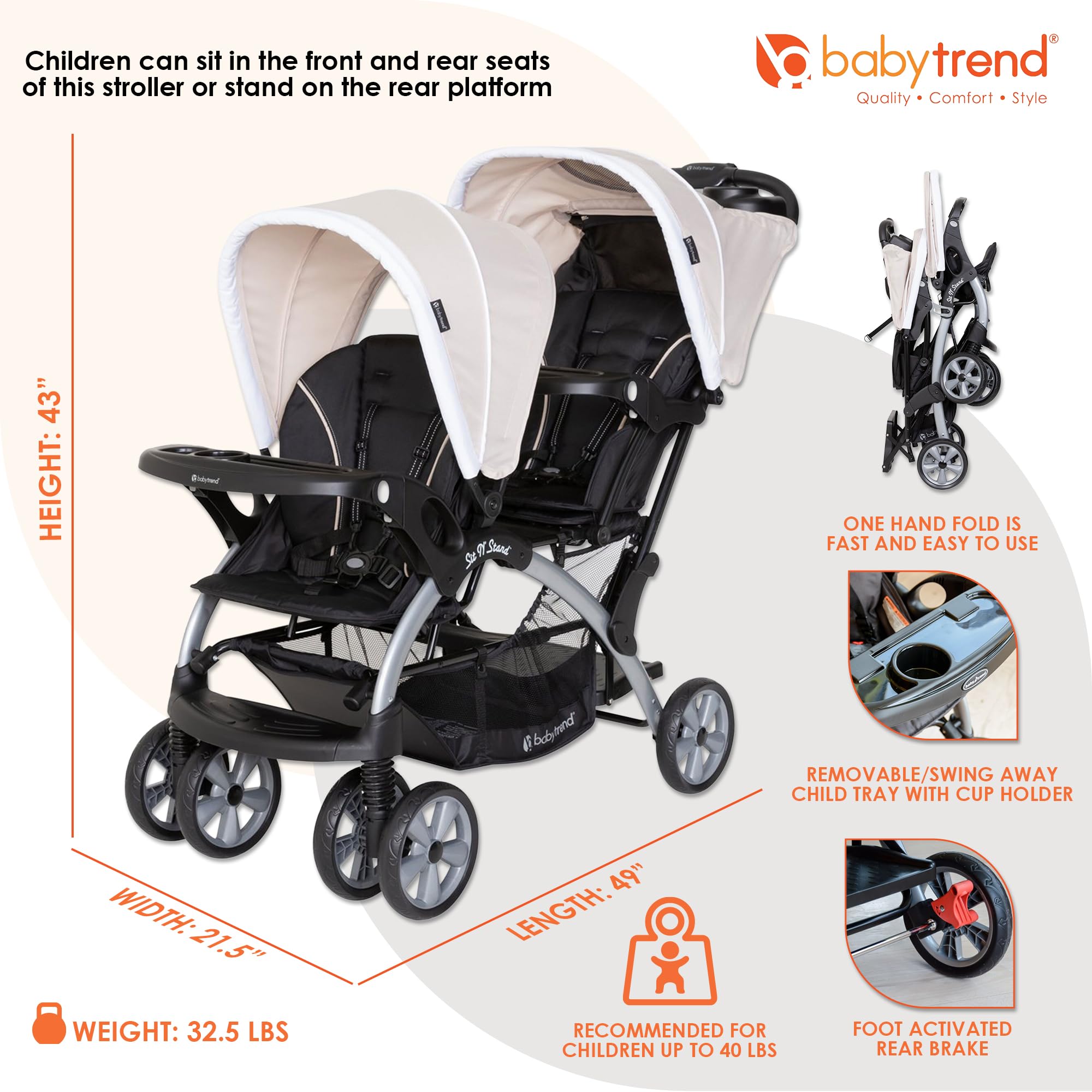 Baby Trend Sit N' Stand Easy Fold Travel Double Toddler and Newborn Stroller & 2 Single Infant Car Seat Combo Set, w/ Safety Harnesses & Cover, Khaki