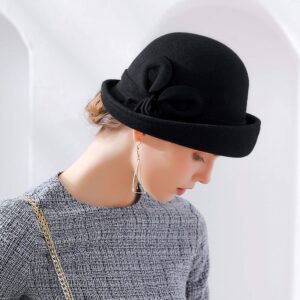 Bienvenu 1920 Vintage Cloche Bucket Hat Women Church Derby Party 100% Wool Hat,Black