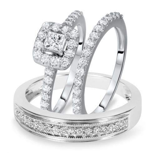 PB Collection His and Hers Cubic Zirconia Engagement Wedding Trio Ring Set 14K White Gold Plated 925 Silver Women's Size 13 & Men's Size 9