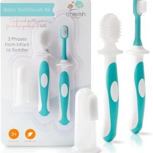 Cherish Baby Care Award-Winning Baby Toothbrush Set (3-24 months) - Baby Finger Toothbrush, Training Toothbrush & Toddler Toothbrush - BPA-Free Infant Toothbrush Set, Baby First Toothbrush Set (Teal)