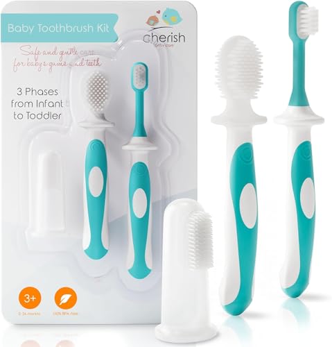 Cherish Baby Care Award-Winning Baby Toothbrush Set (3-24 months) - Baby Finger Toothbrush, Training Toothbrush & Toddler Toothbrush - BPA-Free Infant Toothbrush Set, Baby First Toothbrush Set (Teal)