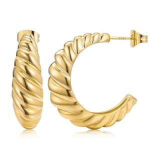 14k gold plated croissant earrings twisted round hoop earrings chunky hoop earrings 925 sterling silver post earrings huggies with cz for women and gift for her